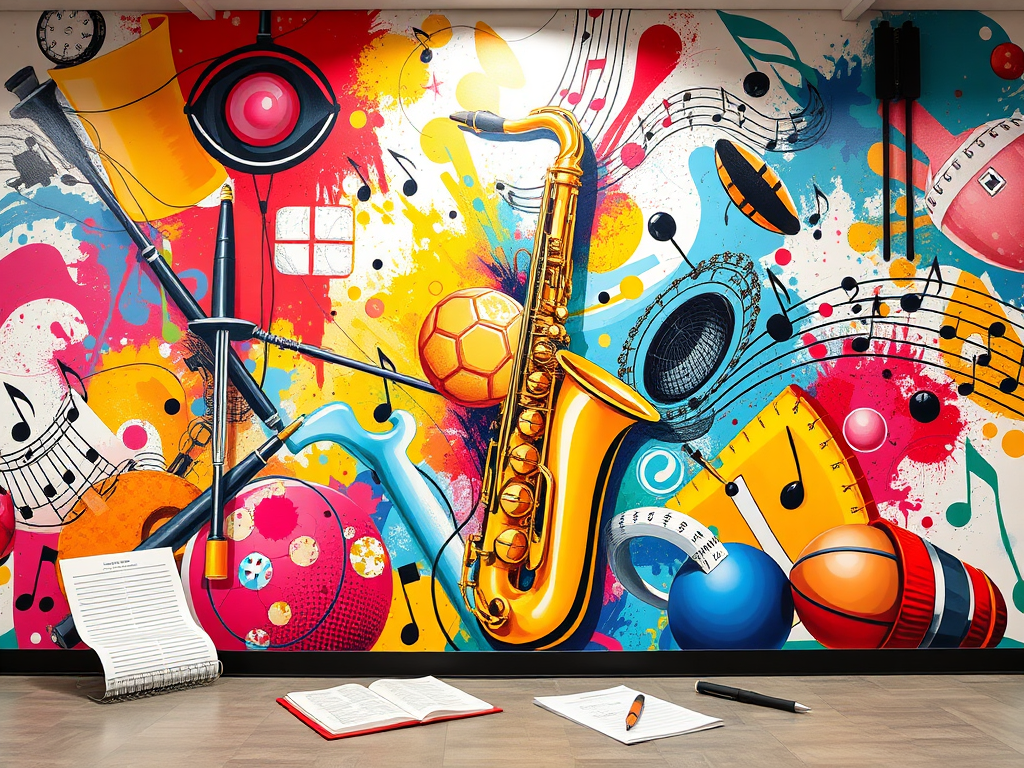 A mural on a brick exterior wall, featuring stylized plants in various shapes and colors against a blue background, with v...